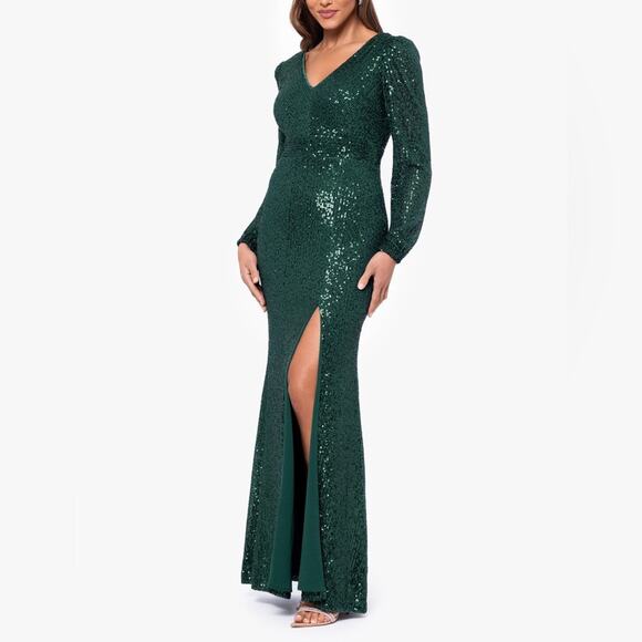 Xscape Petite “Farley” Long Sleeve V-Neck Floor Length Dress Women’s Sz 10P - Picture 4 of 10